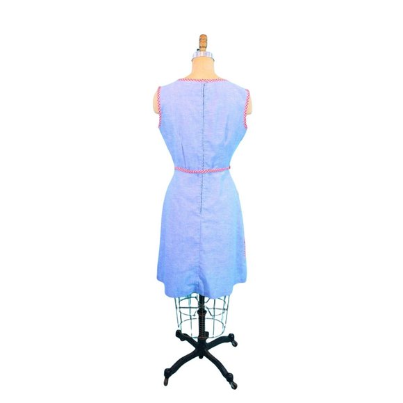 Vintage 1960s Picnic Dress Blue Chambray Red Checkered Sheath | W 28" - Picture 9 of 9